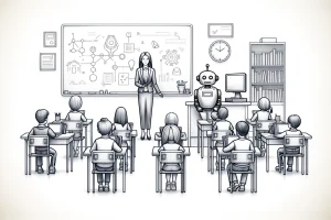 DALL·E-2024-06-04-20.29.48-A-high-resolution-simple-pencil-drawing-on-a-white-background-representing-the-role-of-AI-in-education.-The-image-should-depict-a-traditional-classro
